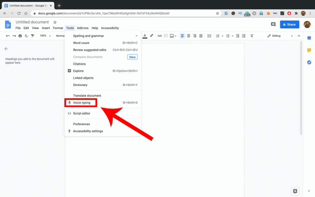 Voice typing option in Google Docs