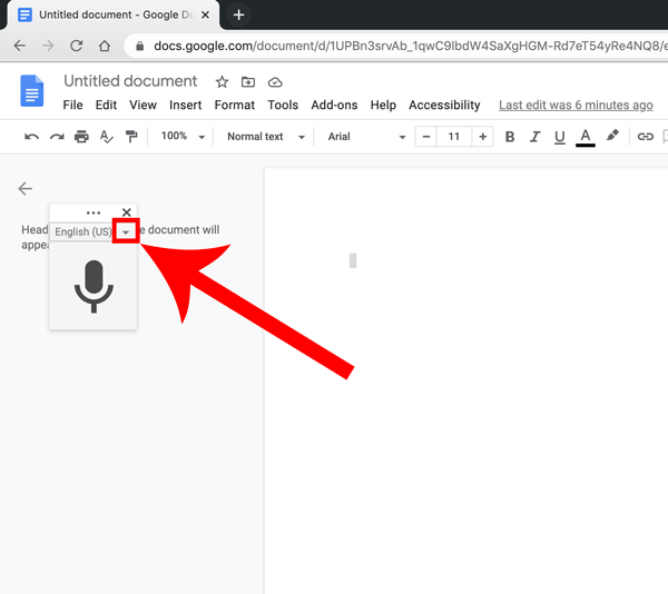 Exploring dropdown list of available language for Voice typing