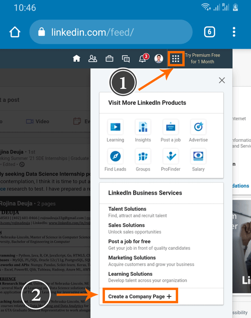 Step 2: page creation link, to create a company profile on Linkedin using mobile