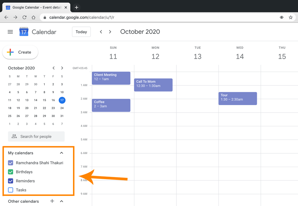 Step 2: Find my calendars in Google calendars in order to share it with other