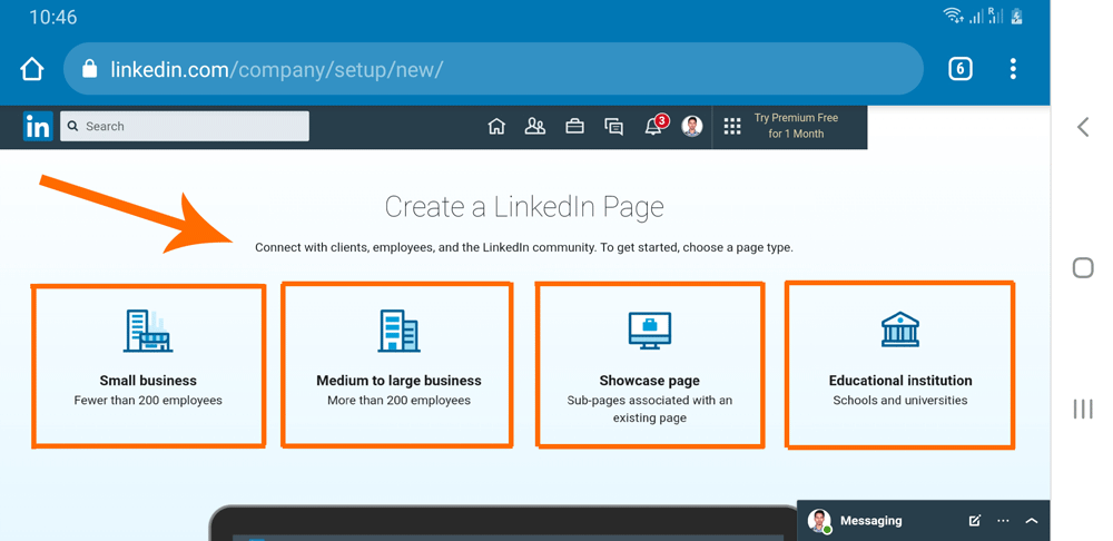 Step 3:  Choose the type of organization, to create a company profile on Linkedin using mobile
