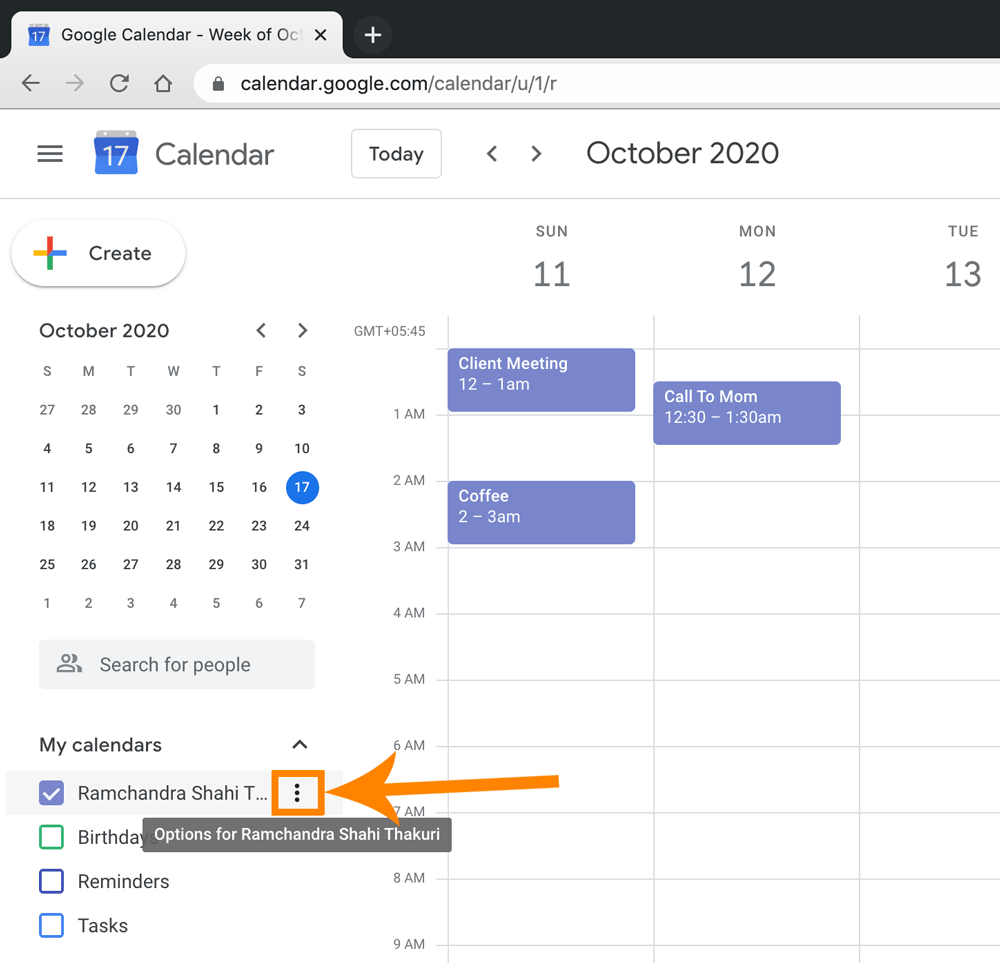 Step 3: Find tree dots option in My calendars 