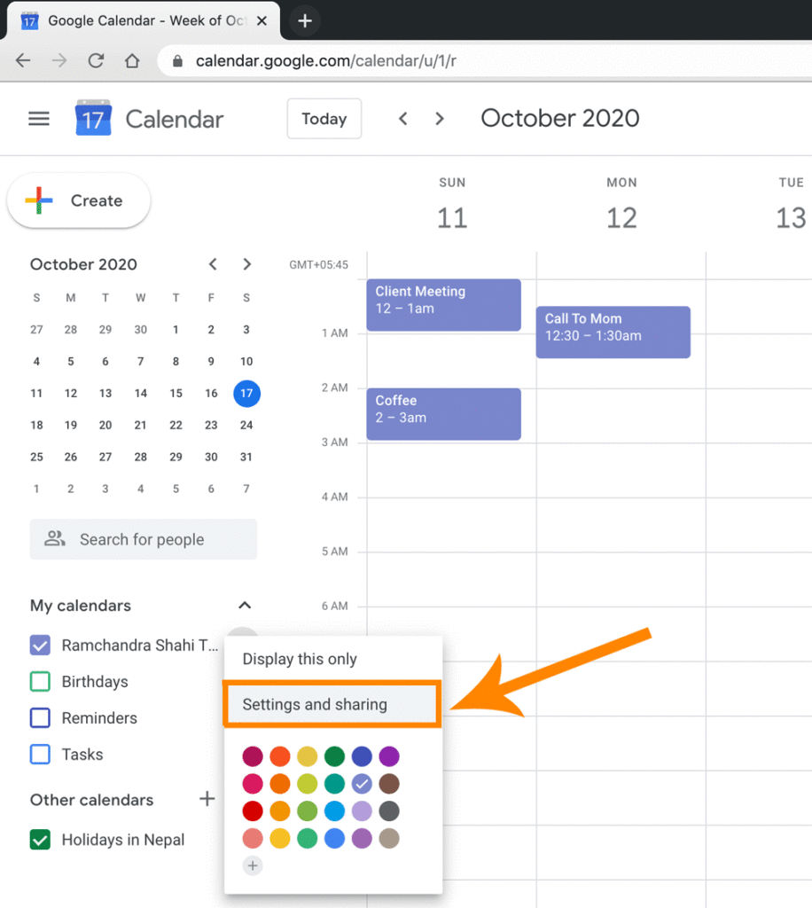 Step 4: Click on 'Settings and sharing' option to get share option for you Google calendar