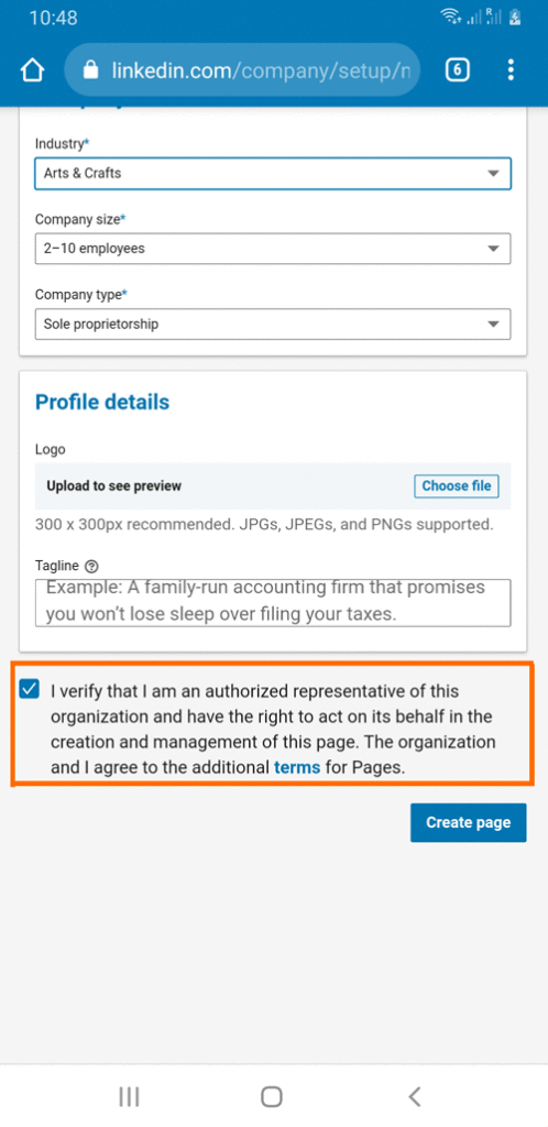 Step 5:  Verify authorized representative, to create a company profile on Linkedin using mobile