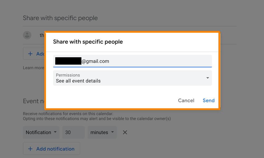 Step 6: Enter the email address of person for whom you want to share your Google Calendar