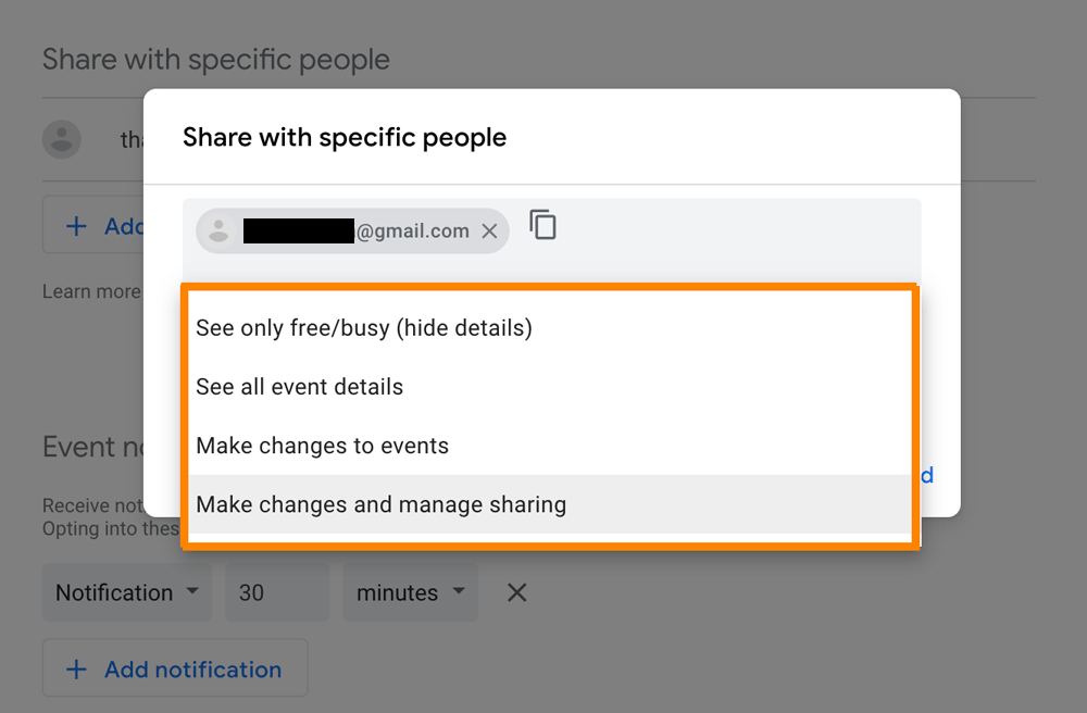 Step 7: Set permission to recipient for which you want share your Google Calendar