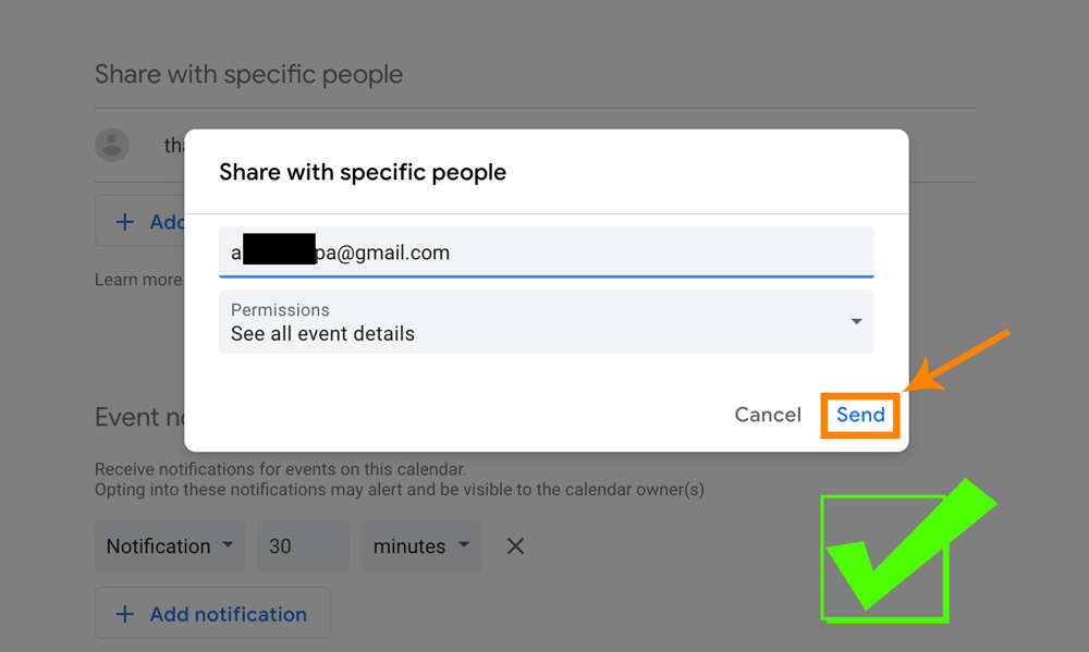 Step 8: Finally click on 'Send' and your Google Calendar will be shared with specified permission