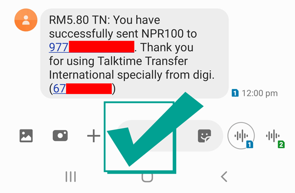 Final step to transfer mobile balance from Malaysia to Nepal