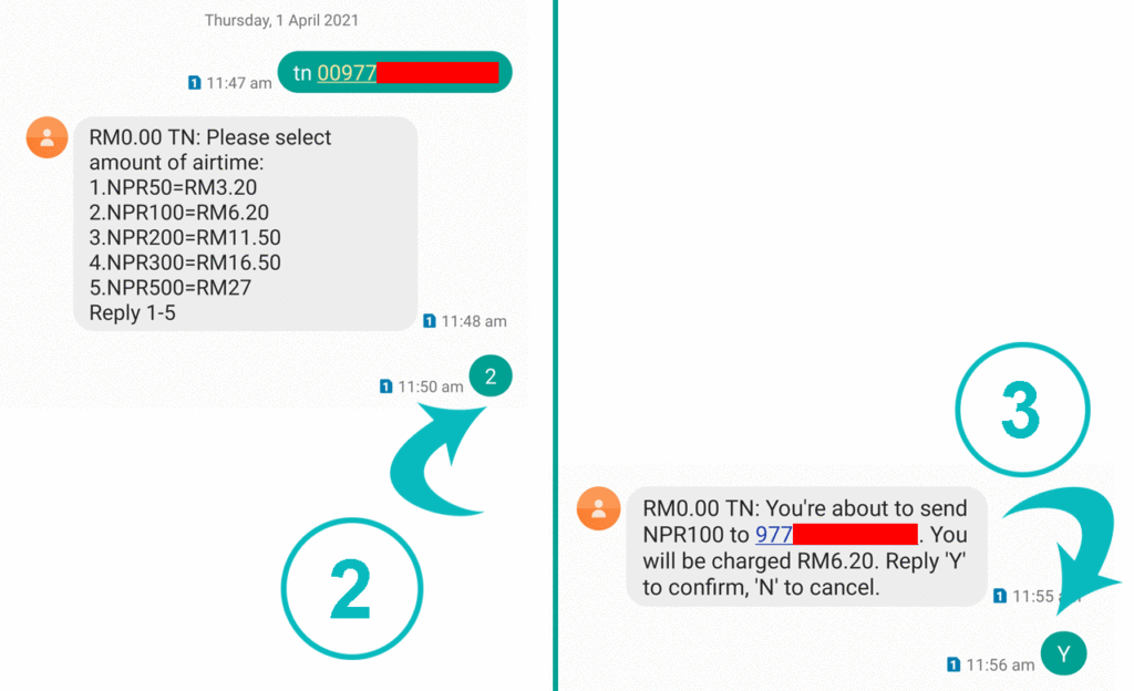 Step 2 and 3 to transfer mobile balance from Malaysia to Nepal