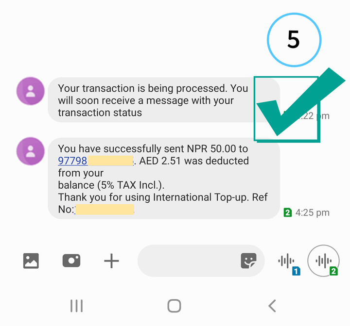 Step 5 to send mobile balance from Du Number(UAE) to Nepali Number